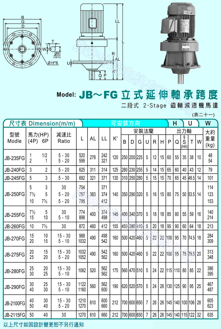臺(tái)灣減速機(jī)-仲益強(qiáng)力型減速機(jī) JB-FG立式延伸軸承跨度（二段式2-Stage齒輪減速機(jī))