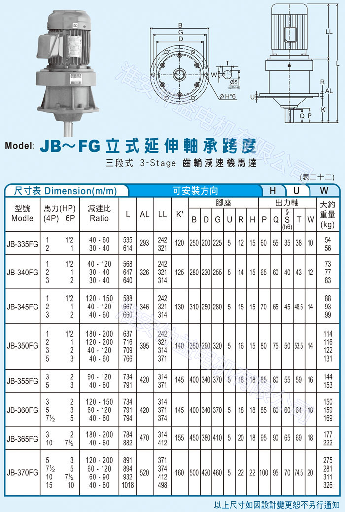 臺(tái)灣減速機(jī)-仲益強(qiáng)力型減速機(jī) JB-FG立式延伸軸承跨度（三段式3-Stage齒輪減速機(jī))